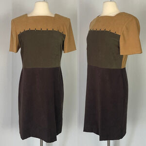 Vintage Pencil Dress Womens Size 10 Brown Suede Color Block Short Sleeve 90s